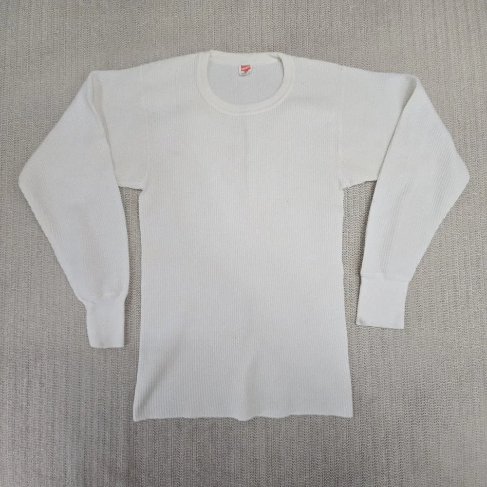 Vintage Hanes Shirt Mens Medium White Long Sleeve Thermal Undershirt USA